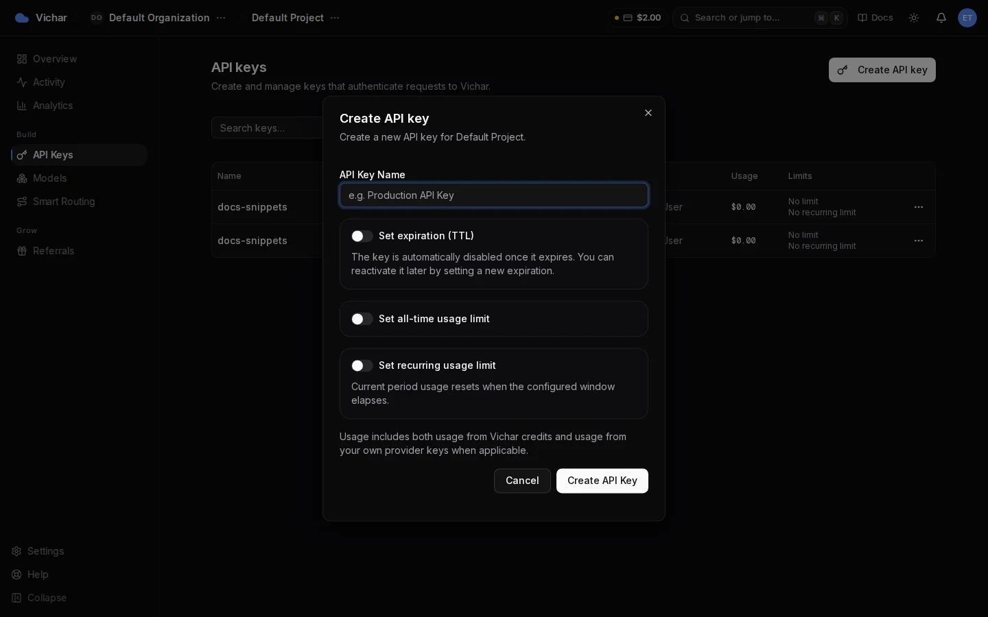 Create API key dialog