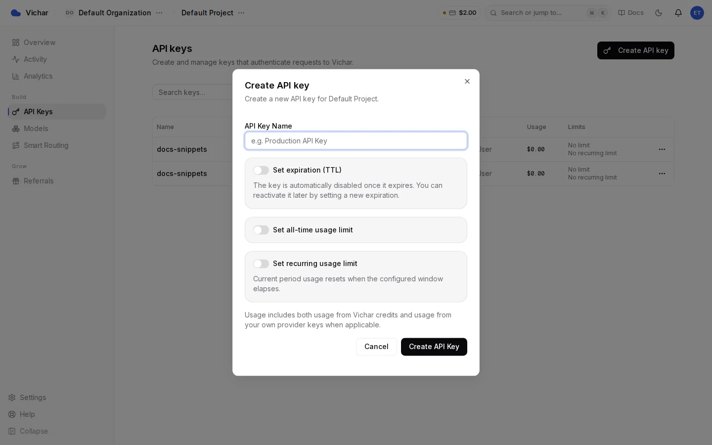 Create API key dialog